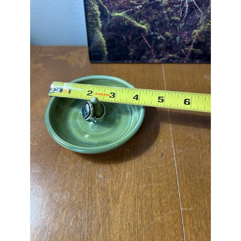 Studio Pottery Handmade Ceramic Ring Holder Dish Sage Green Glazed Signed SP